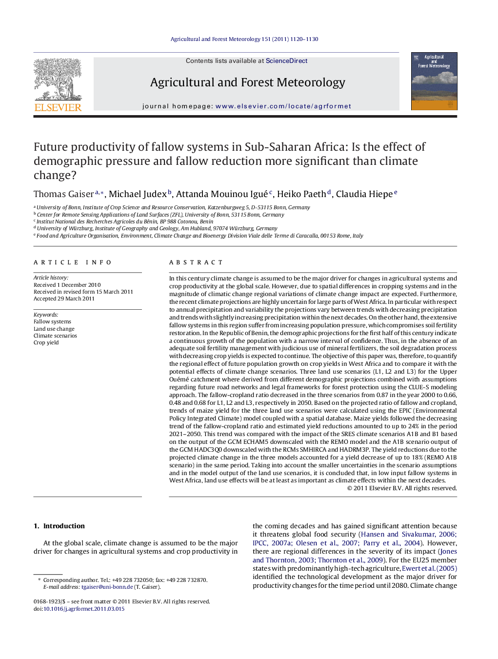 Future productivity of fallow systems in Sub-Saharan Africa: Is the effect of demographic pressure and fallow reduction more significant than climate change?