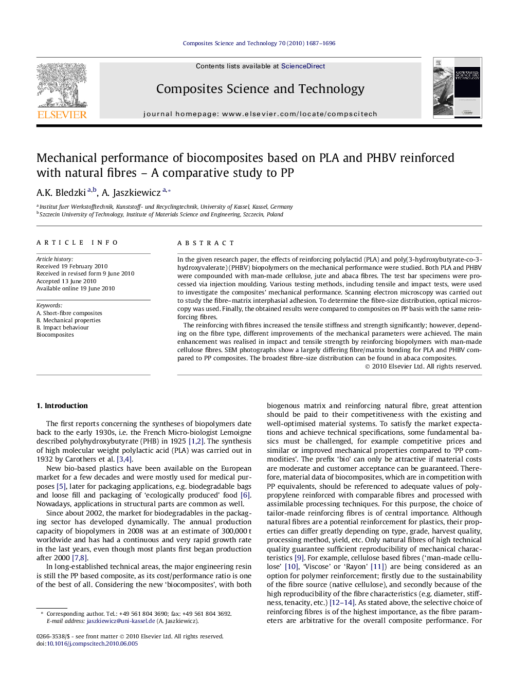 Mechanical performance of biocomposites based on PLA and PHBV reinforced with natural fibres – A comparative study to PP