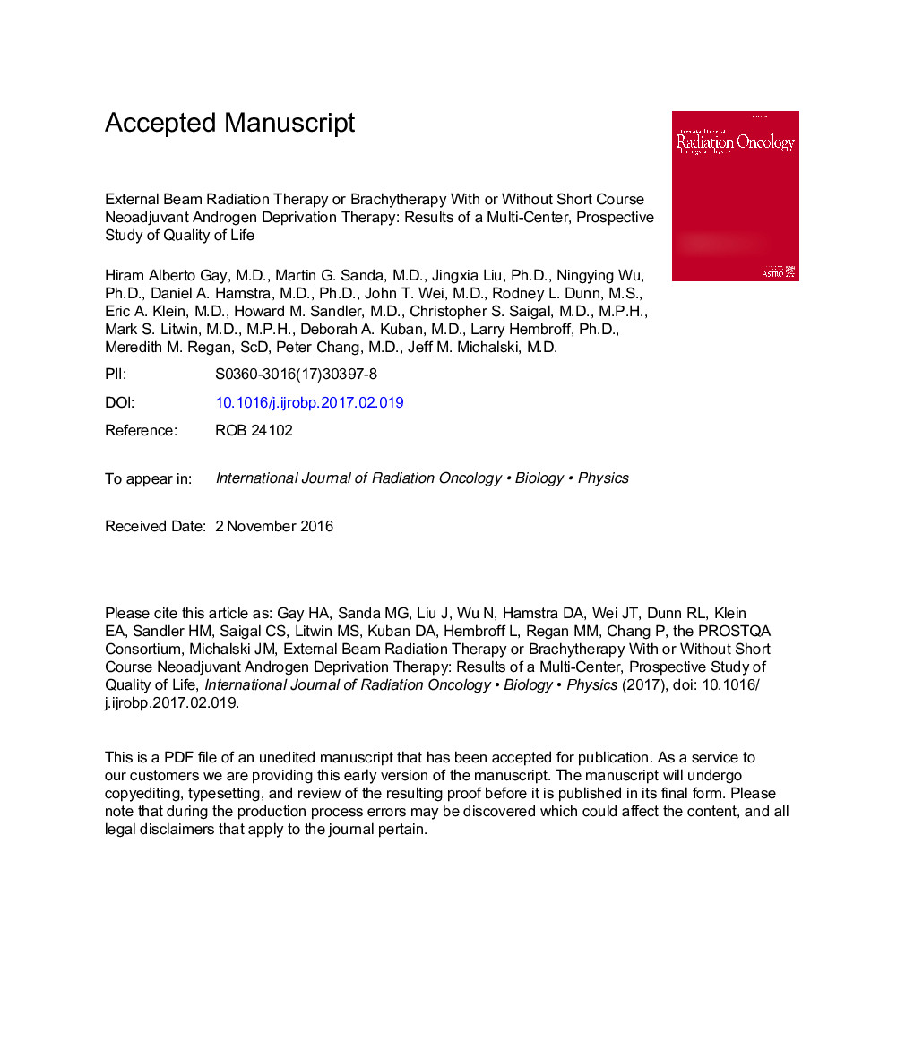 External Beam Radiation Therapy or Brachytherapy With or Without Short-course Neoadjuvant Androgen Deprivation Therapy: Results of a Multicenter, Prospective Study of Quality of Life