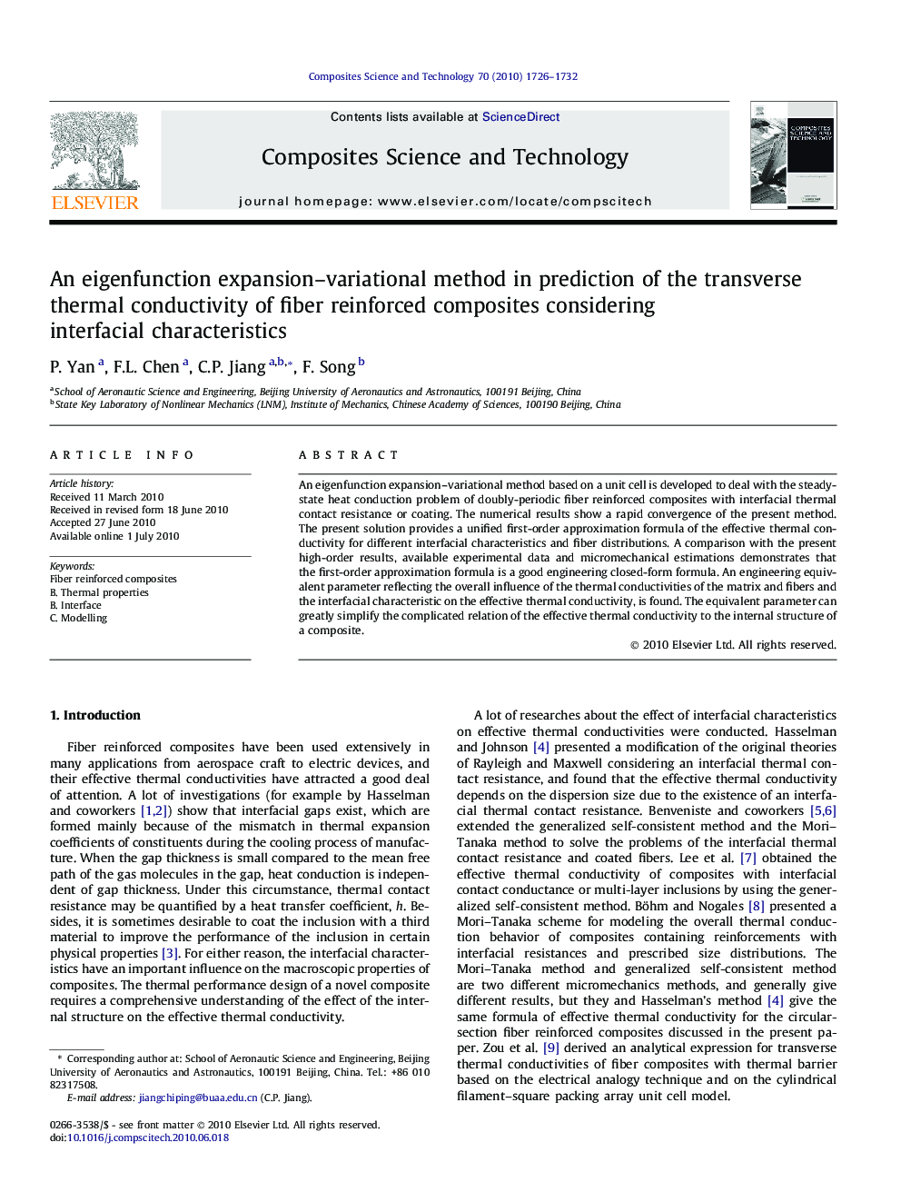 An eigenfunction expansion–variational method in prediction of the transverse thermal conductivity of fiber reinforced composites considering interfacial characteristics