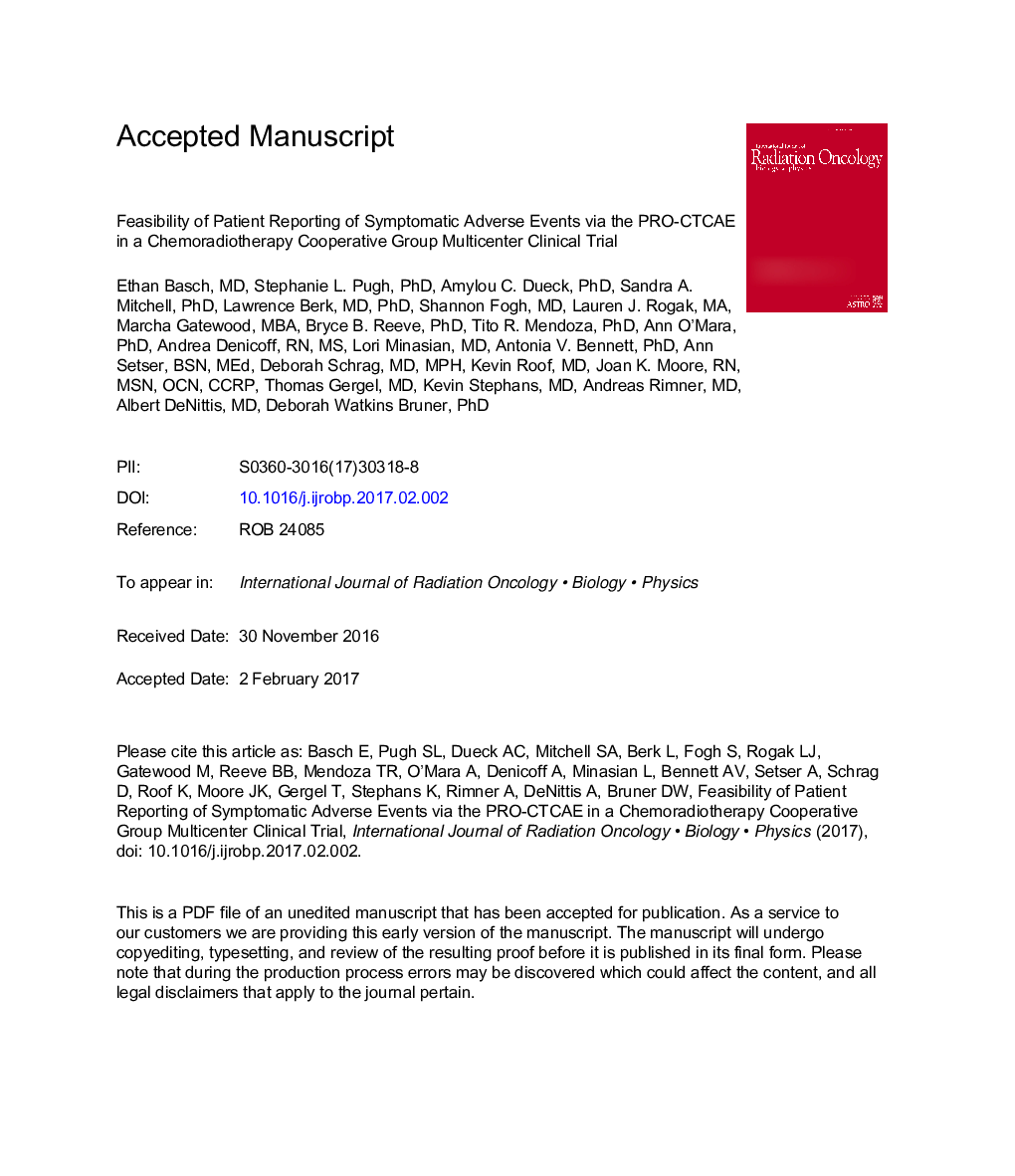 Feasibility of Patient Reporting of Symptomatic Adverse Events via the Patient-Reported Outcomes Version of the Common Terminology Criteria for Adverse Events (PRO-CTCAE) in a Chemoradiotherapy Cooperative Group Multicenter Clinical Trial