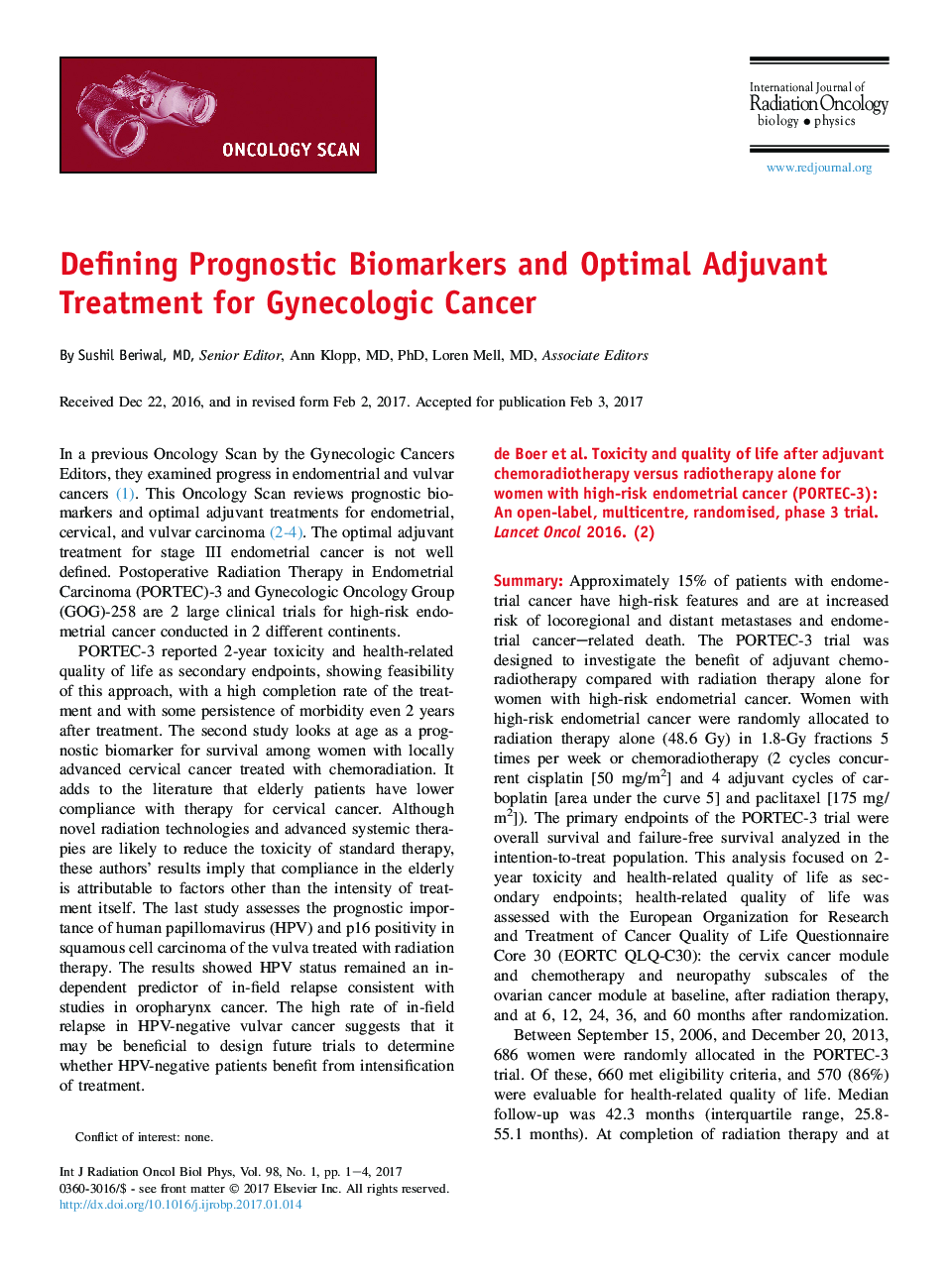 Defining Prognostic Biomarkers and Optimal Adjuvant Treatment for Gynecologic Cancer