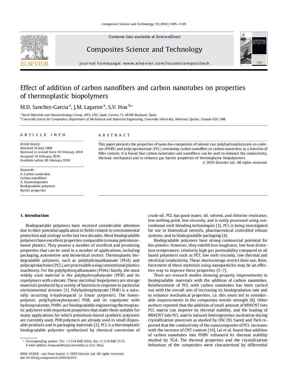 Effect of addition of carbon nanofibers and carbon nanotubes on properties of thermoplastic biopolymers