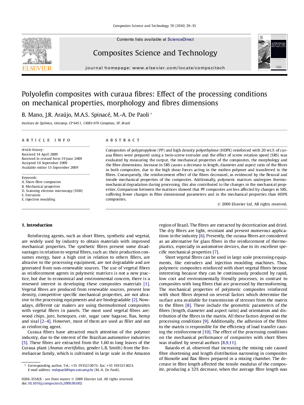 Polyolefin composites with curaua fibres: Effect of the processing conditions on mechanical properties, morphology and fibres dimensions