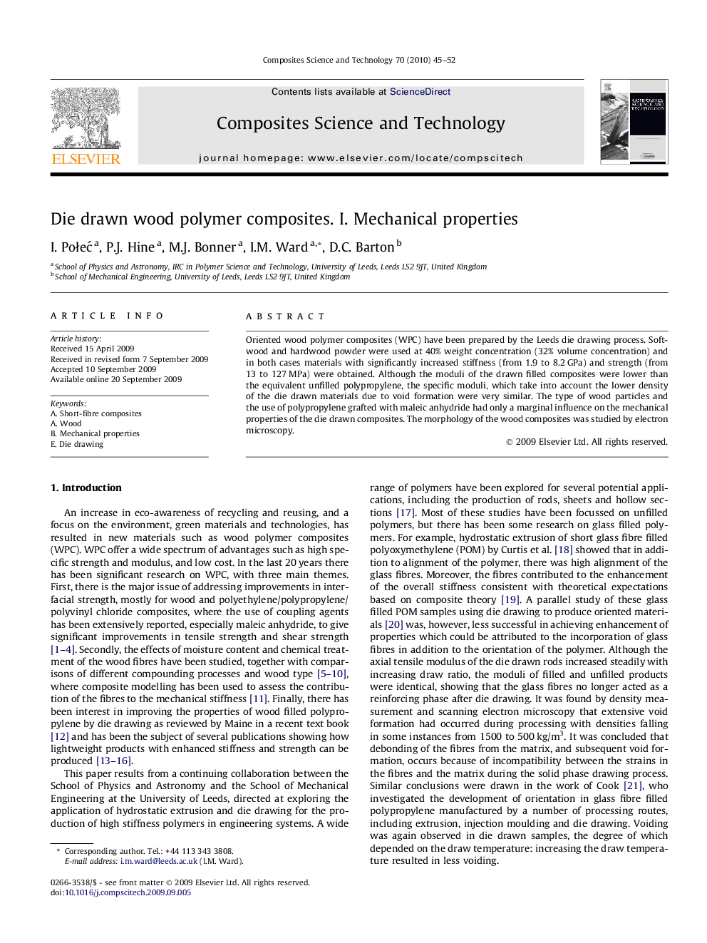 Die drawn wood polymer composites. I. Mechanical properties