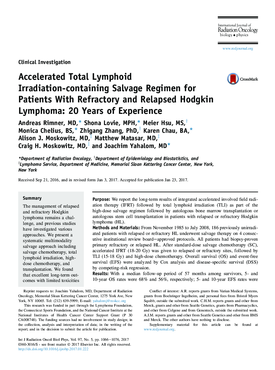 Accelerated Total Lymphoid Irradiation-containing Salvage Regimen for Patients With Refractory and Relapsed Hodgkin Lymphoma: 20Â Years of Experience