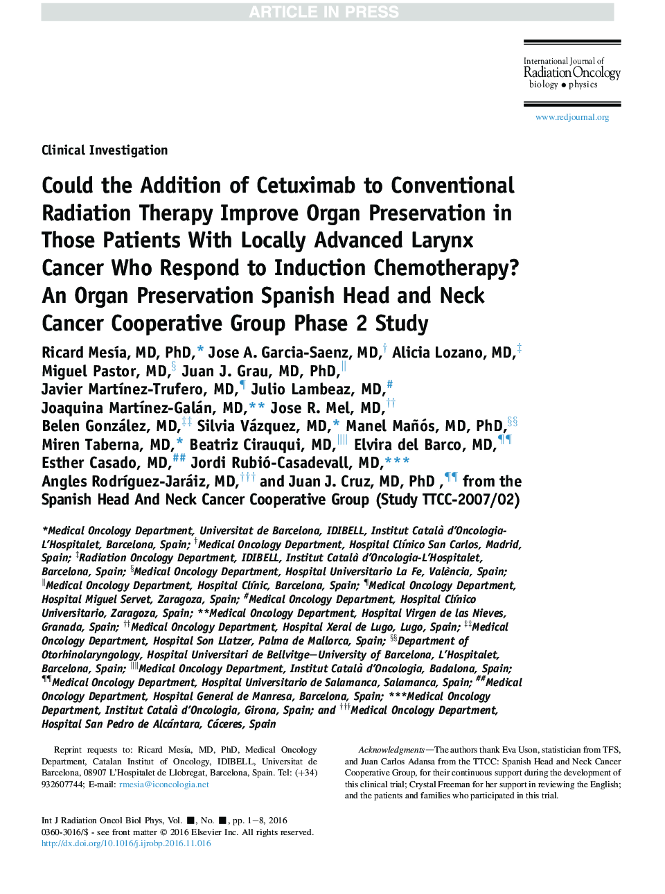 Could the Addition of Cetuximab to Conventional Radiation Therapy Improve Organ Preservation in Those Patients With Locally Advanced Larynx Cancer Who Respond to Induction Chemotherapy? An Organ Preservation Spanish Head and Neck Cancer Cooperative Group 