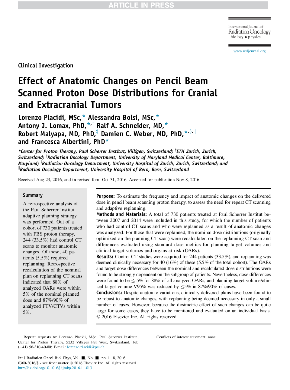 Effect of Anatomic Changes on Pencil Beam Scanned Proton Dose Distributions for Cranial and Extracranial Tumors