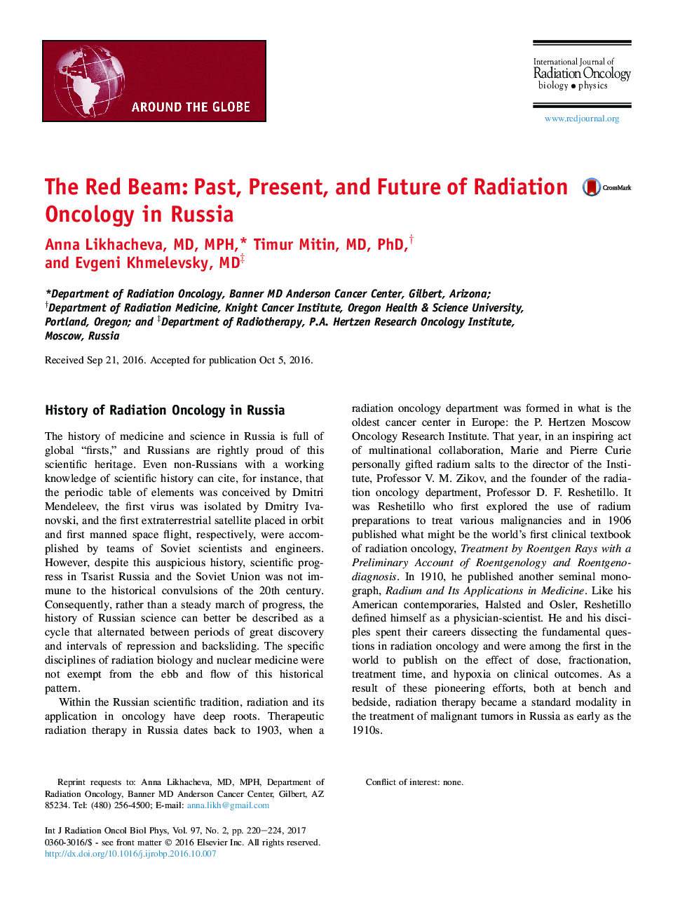 The Red Beam: Past, Present, and Future of Radiation Oncology in Russia