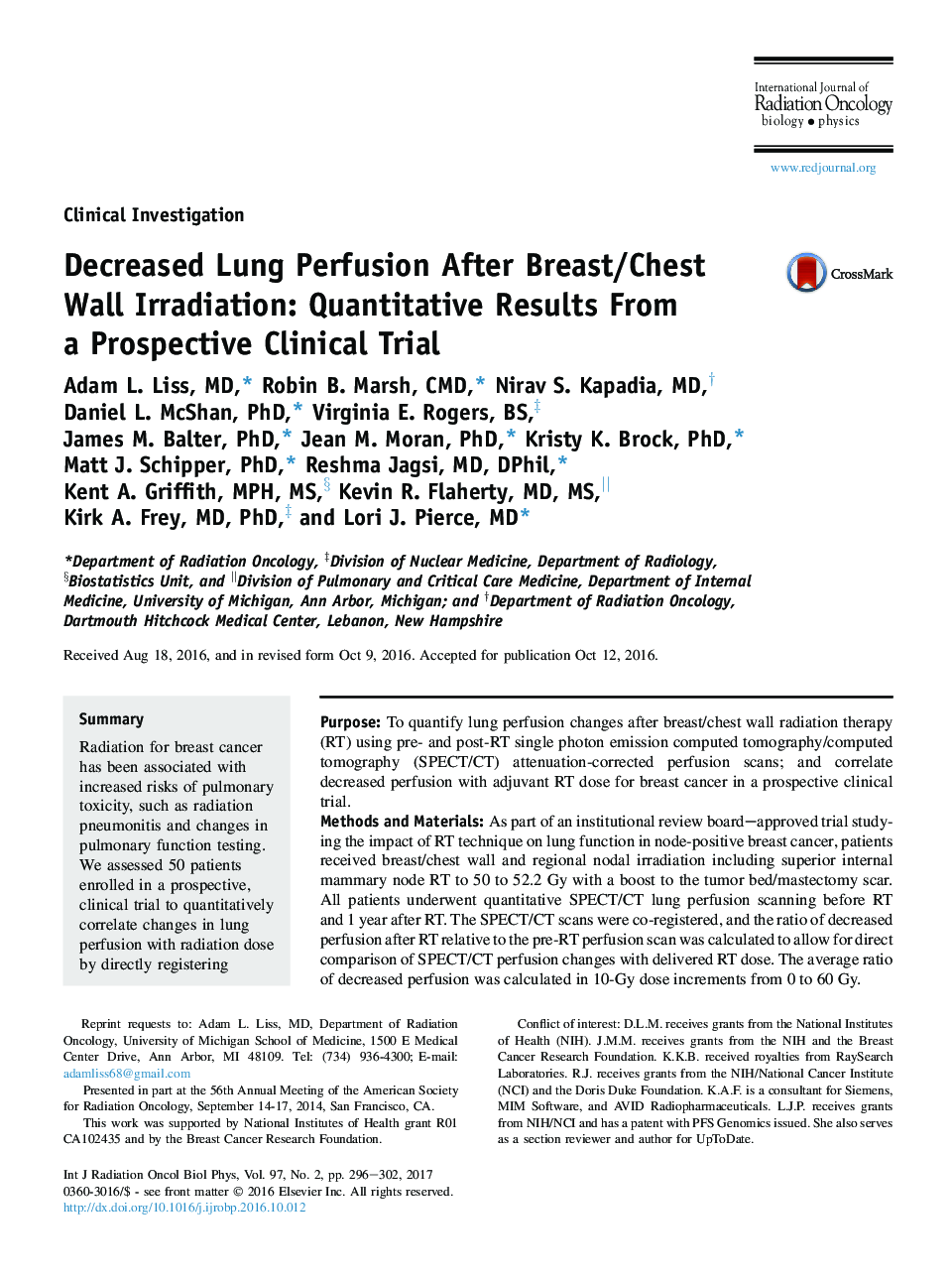 Decreased Lung Perfusion After Breast/Chest Wall Irradiation: Quantitative Results From a Prospective Clinical Trial