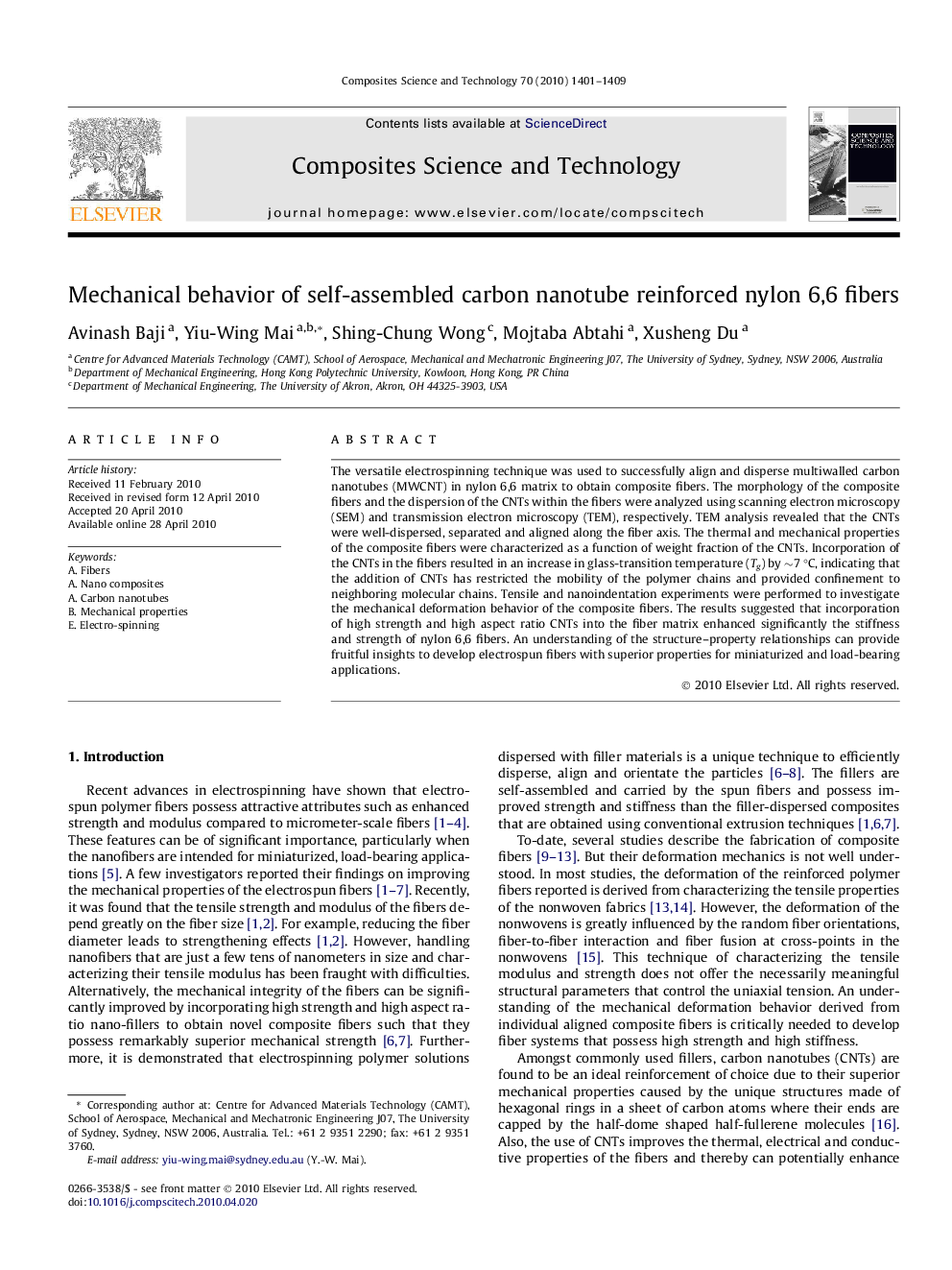 Mechanical behavior of self-assembled carbon nanotube reinforced nylon 6,6 fibers