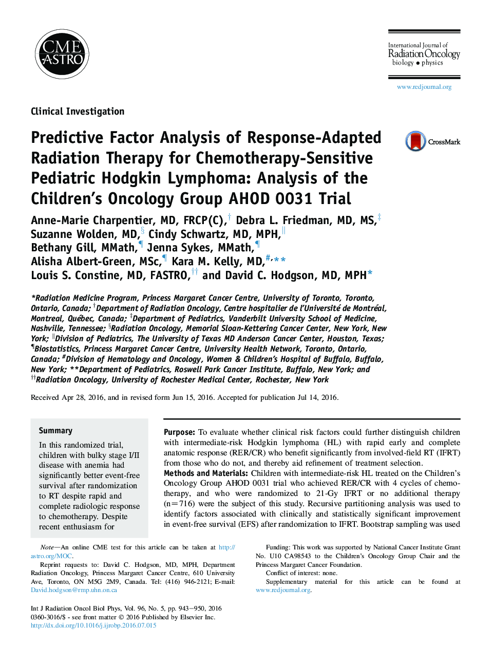 عکس صفحه اول مقاله: Predictive Factor Analysis of Response-Adapted Radiation Therapy for Chemotherapy-Sensitive Pediatric Hodgkin Lymphoma: Analysis of the Children's Oncology Group AHOD 0031 Trial Predictive Factor Analysis of Response-Adapted Radiation Therapy for Chemotherapy-Sensitive Pediatric Hodgkin Lymphoma: Analysis of the Children's Oncology Group AHOD 0031 Trial