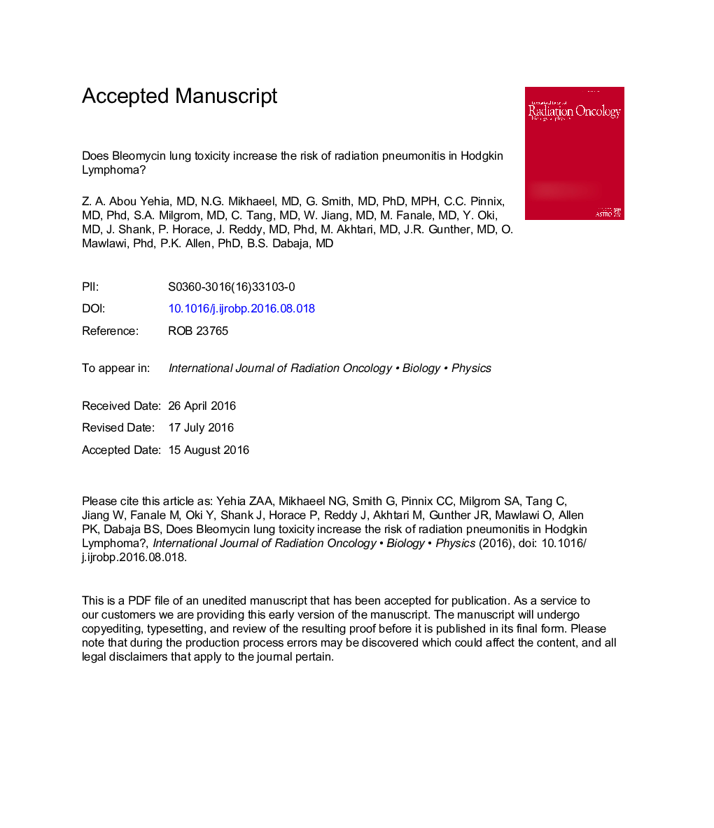 عکس صفحه اول مقاله: Does Bleomycin Lung Toxicity Increase the Risk of Radiation Pneumonitis in Hodgkin Lymphoma? Does Bleomycin Lung Toxicity Increase the Risk of Radiation Pneumonitis in Hodgkin Lymphoma?