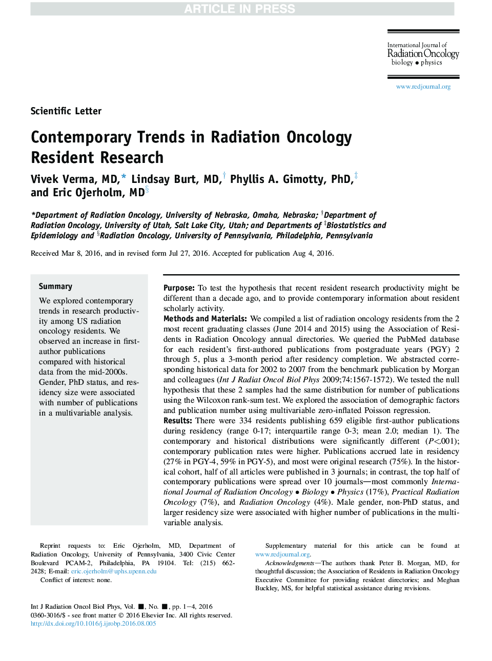 عکس صفحه اول مقاله: Contemporary Trends in Radiation Oncology Resident Research Contemporary Trends in Radiation Oncology Resident Research