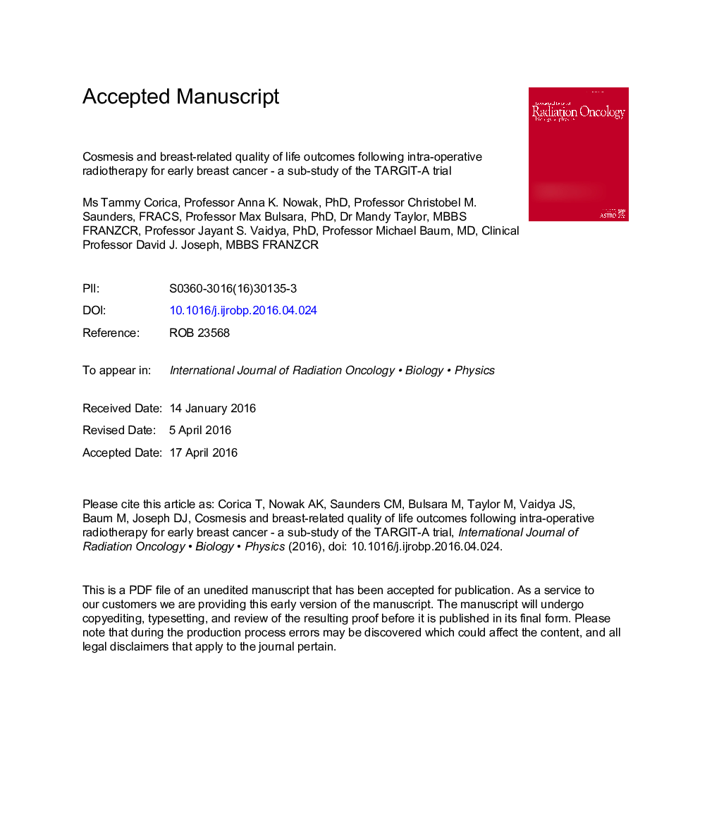 Cosmesis and Breast-Related Quality of Life Outcomes After Intraoperative Radiation Therapy for Early Breast Cancer: A Substudy of the TARGIT-A Trial