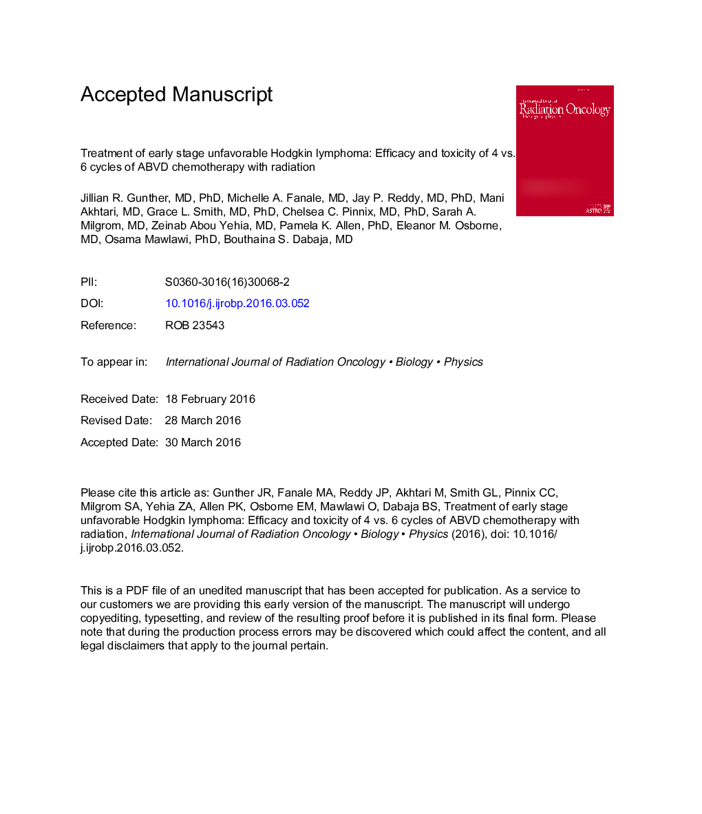 عکس صفحه اول مقاله: Treatment of Early-Stage Unfavorable Hodgkin Lymphoma: Efficacy and Toxicity of 4 Versus 6 Cycles of ABVD Chemotherapy With Radiation Treatment of Early-Stage Unfavorable Hodgkin Lymphoma: Efficacy and Toxicity of 4 Versus 6 Cycles of ABVD Chemotherapy With Radiation
