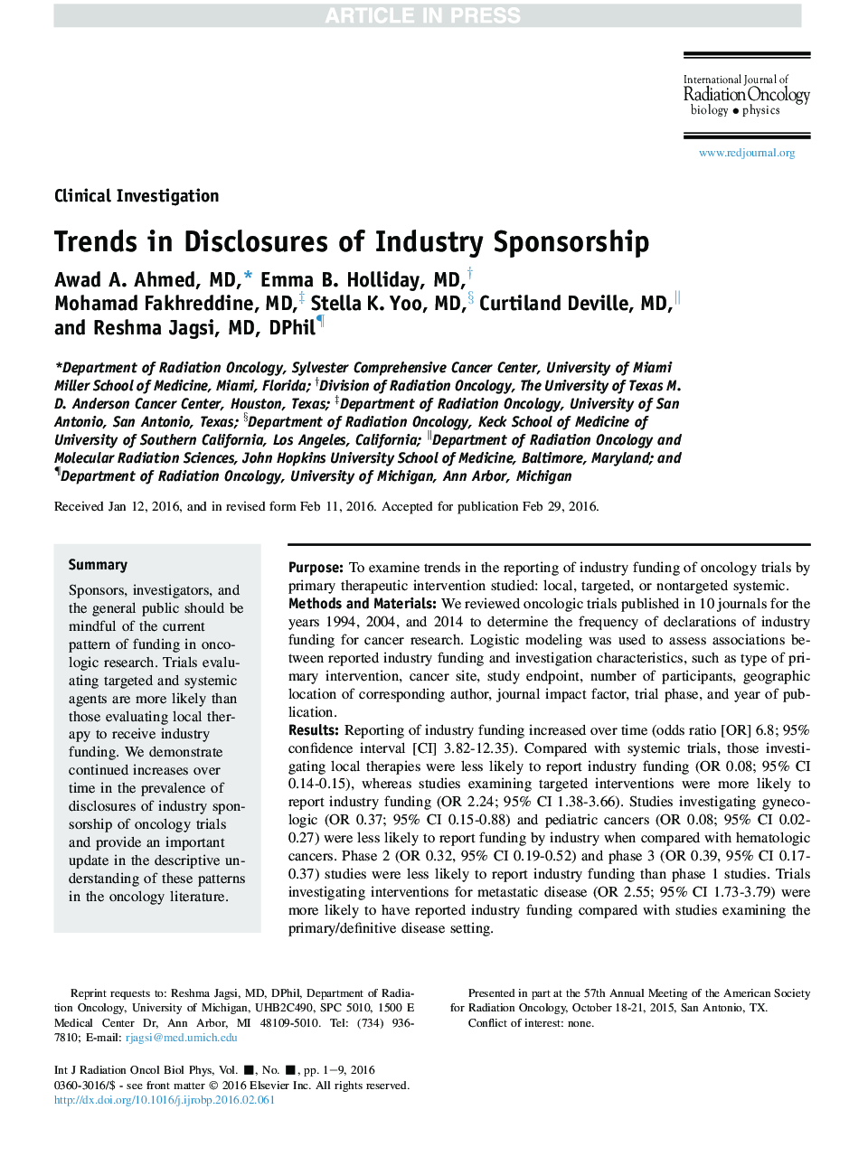 Trends in Disclosures of Industry Sponsorship