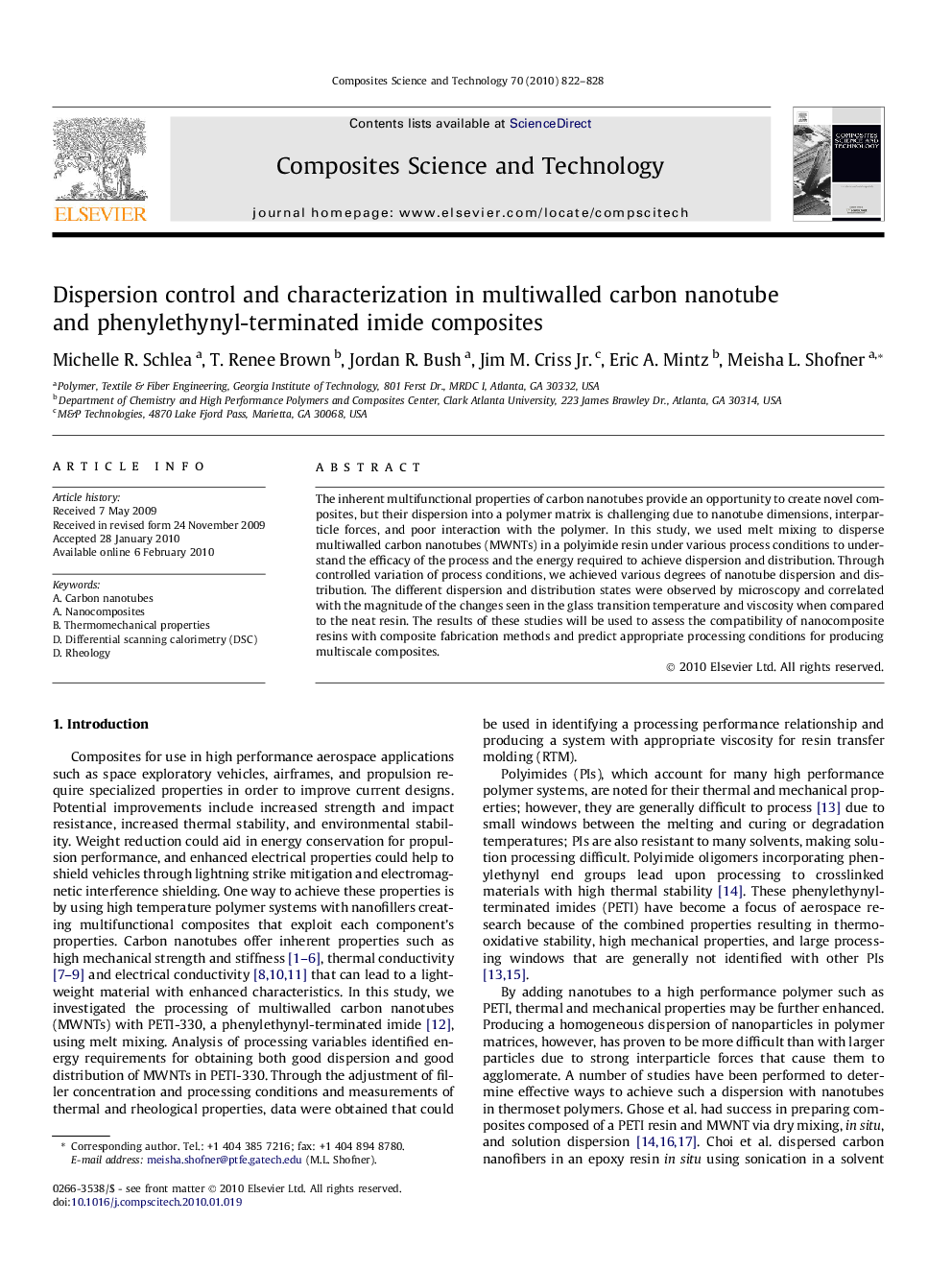 Dispersion control and characterization in multiwalled carbon nanotube and phenylethynyl-terminated imide composites