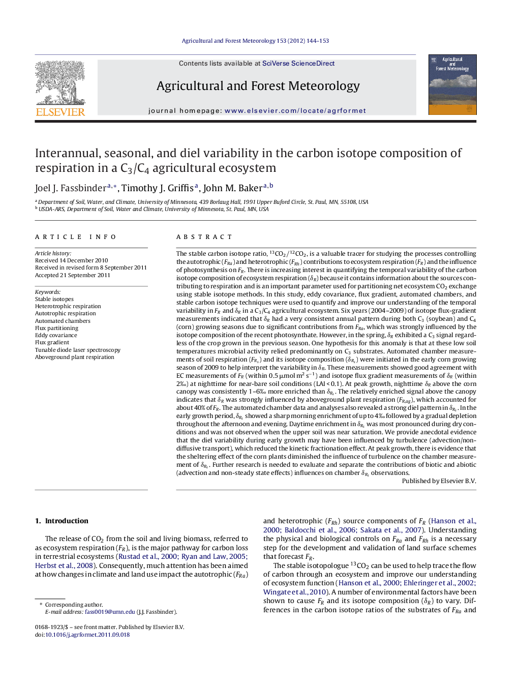 Interannual, seasonal, and diel variability in the carbon isotope composition of respiration in a C3/C4 agricultural ecosystem