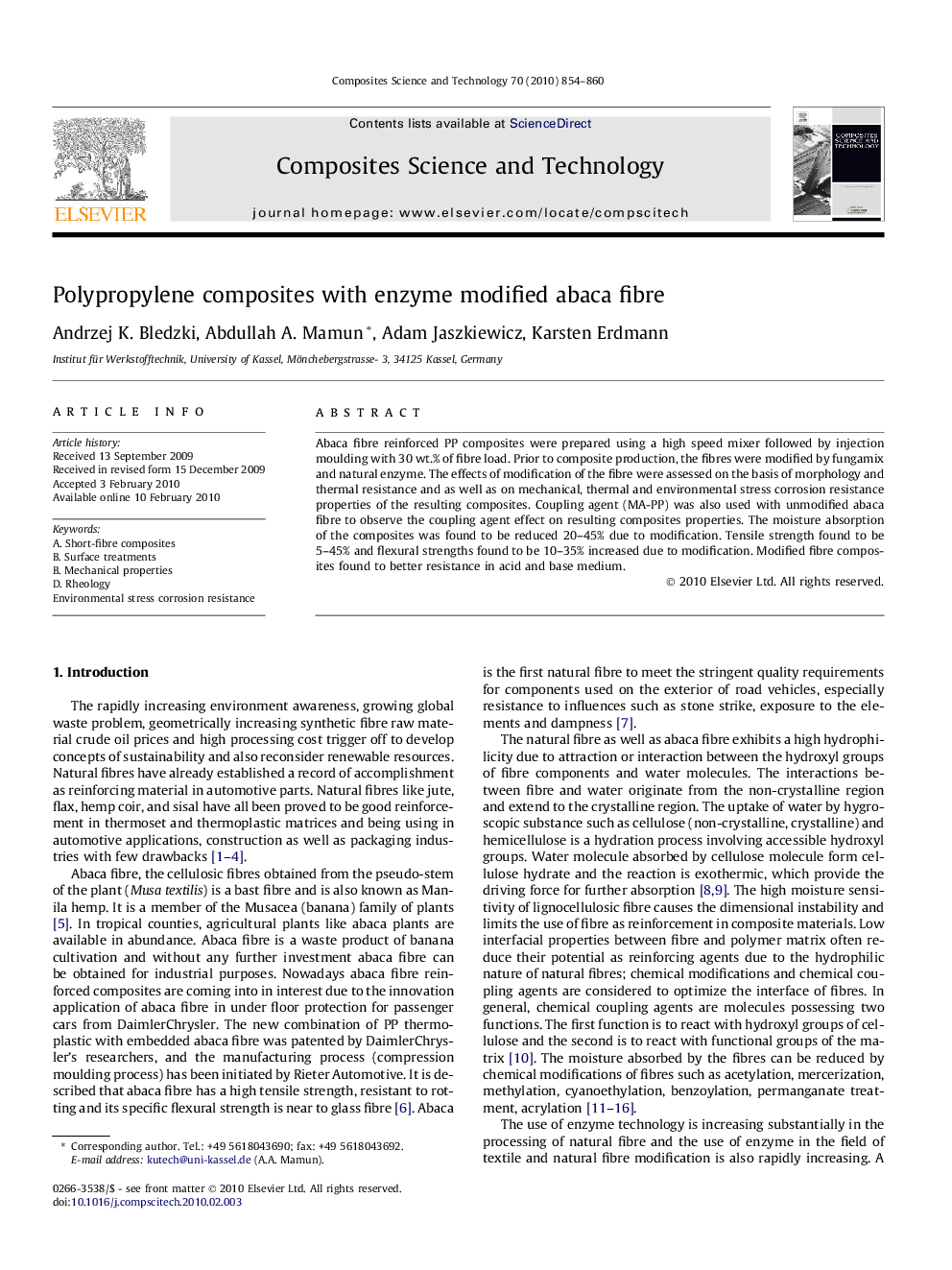 Polypropylene composites with enzyme modified abaca fibre