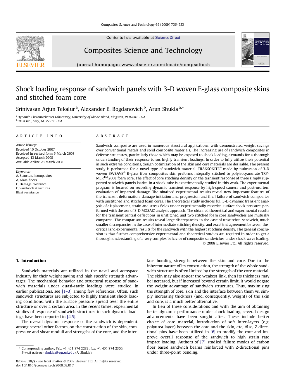 Shock loading response of sandwich panels with 3-D woven E-glass composite skins and stitched foam core