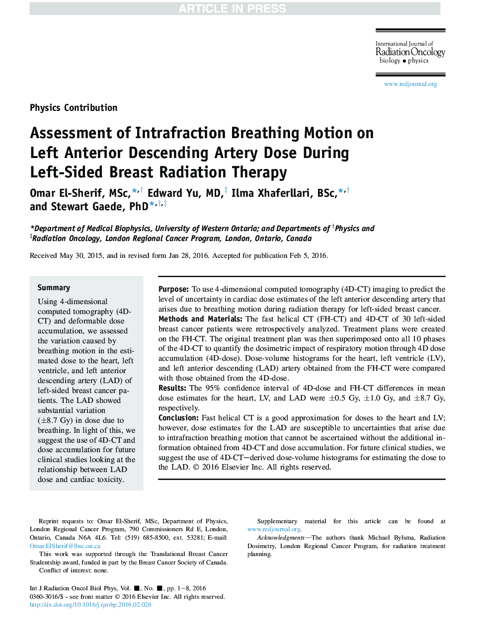 Assessment of Intrafraction Breathing Motion on Left Anterior Descending Artery Dose During Left-Sided Breast Radiation Therapy