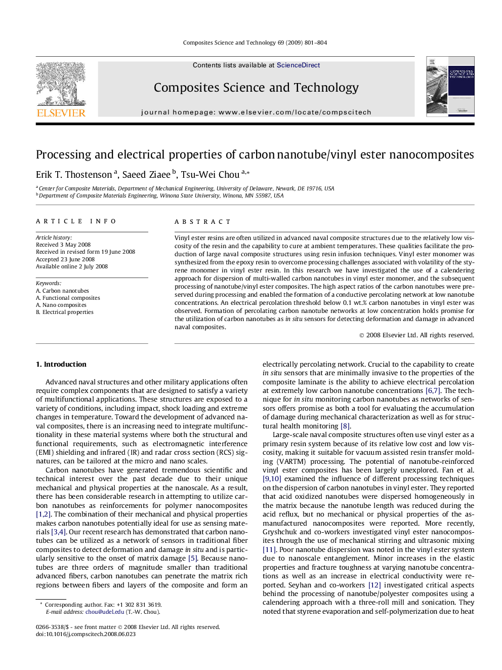 Processing and electrical properties of carbon nanotube/vinyl ester nanocomposites