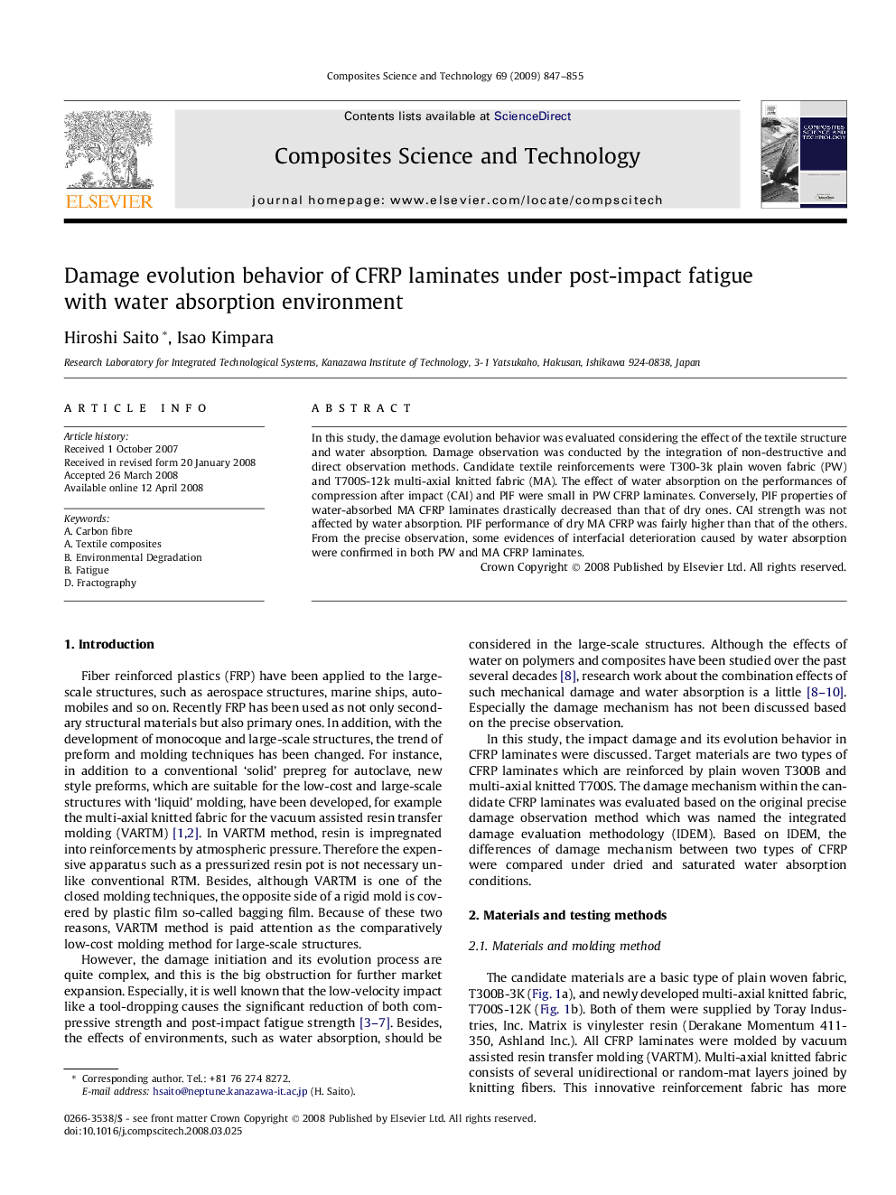 Damage evolution behavior of CFRP laminates under post-impact fatigue with water absorption environment