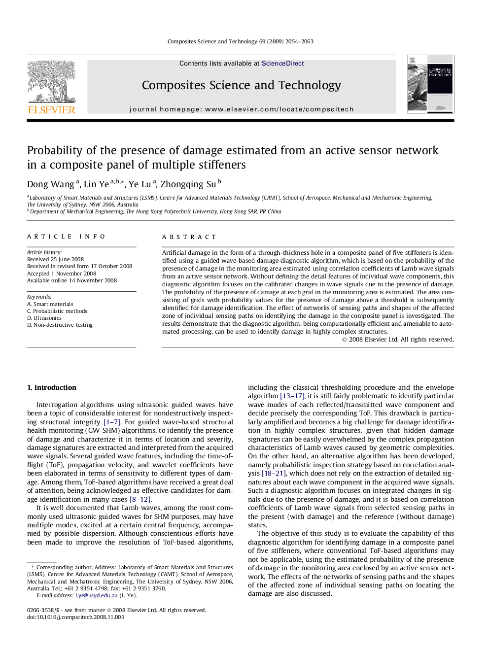 Probability of the presence of damage estimated from an active sensor network in a composite panel of multiple stiffeners