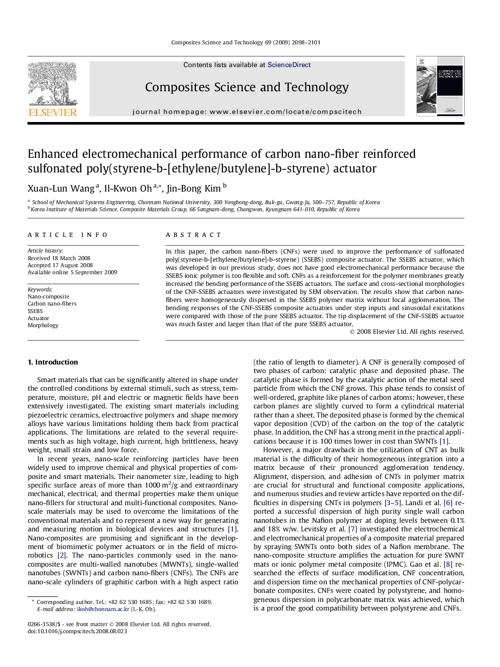 Enhanced electromechanical performance of carbon nano-fiber reinforced sulfonated poly(styrene-b-[ethylene/butylene]-b-styrene) actuator