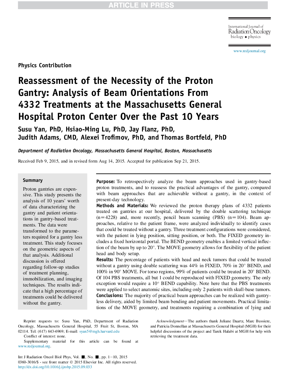 Reassessment of the Necessity of the Proton Gantry: Analysis of Beam Orientations From 4332 Treatments at the Massachusetts General Hospital Proton Center Over the Past 10Â Years