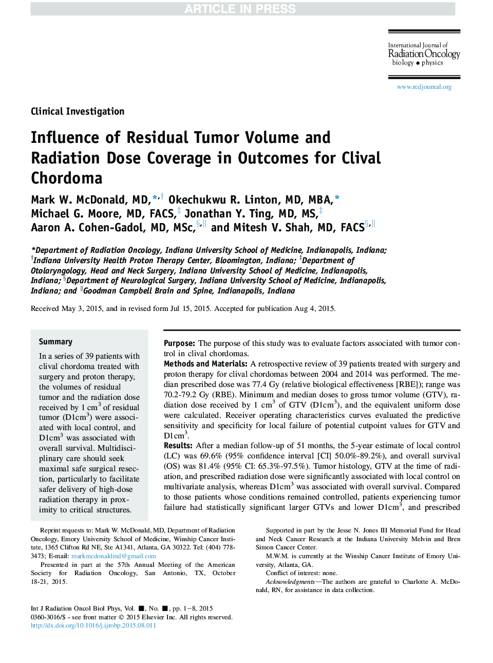 Influence of Residual Tumor Volume and Radiation Dose Coverage in Outcomes for Clival Chordoma