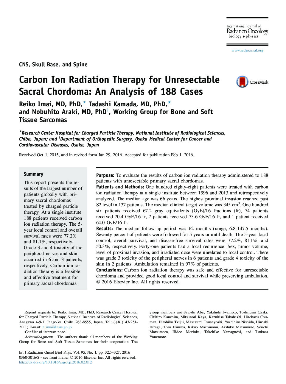 Carbon Ion Radiation Therapy for Unresectable Sacral Chordoma: An Analysis of 188 Cases
