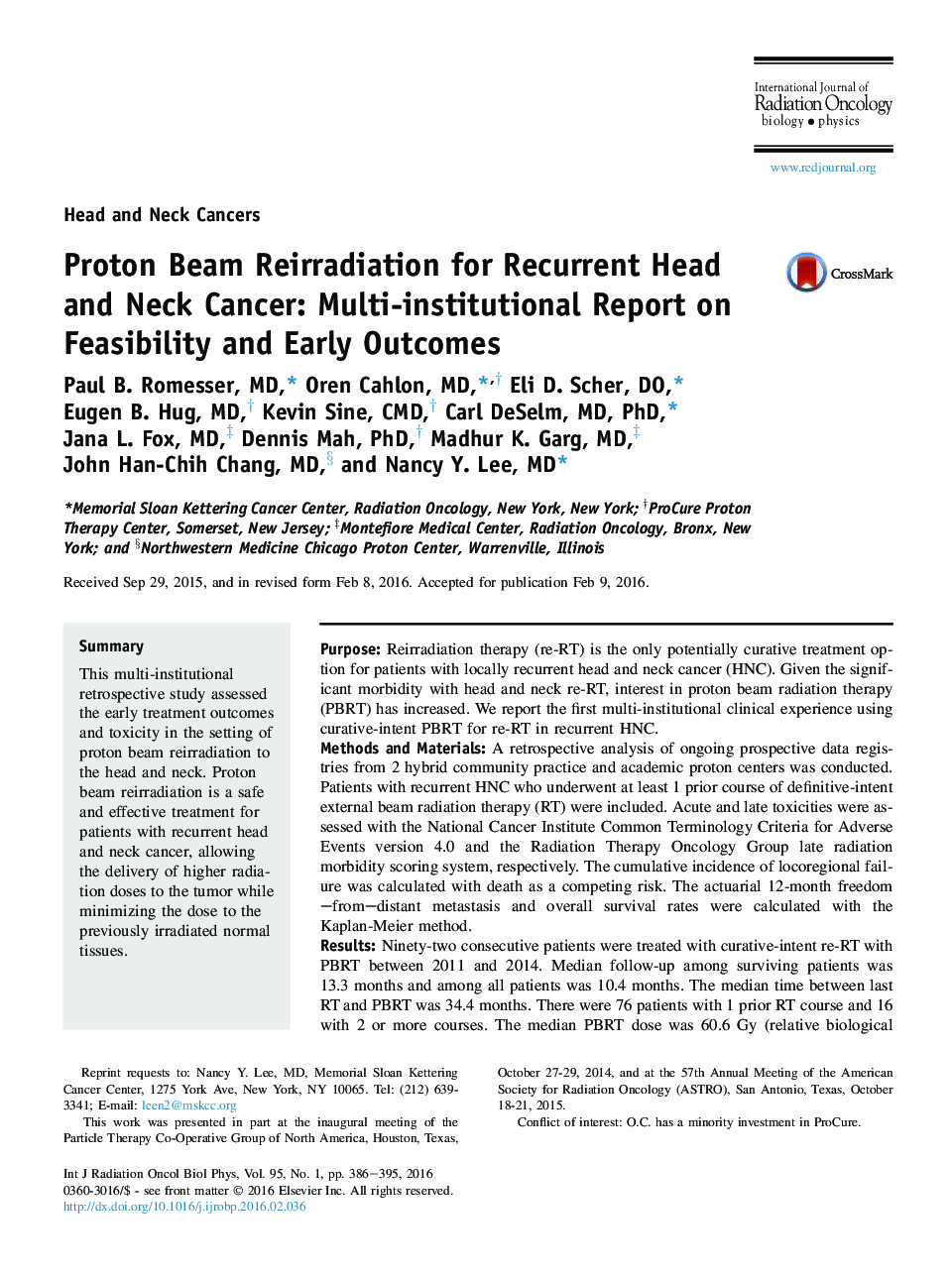 Proton Beam Reirradiation for Recurrent Head and Neck Cancer: Multi-institutional Report on Feasibility and Early Outcomes