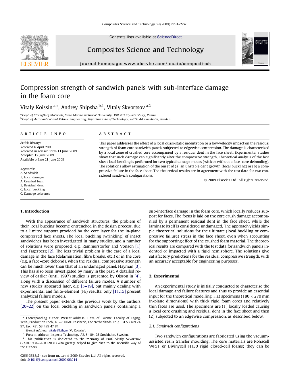 Compression strength of sandwich panels with sub-interface damage in the foam core