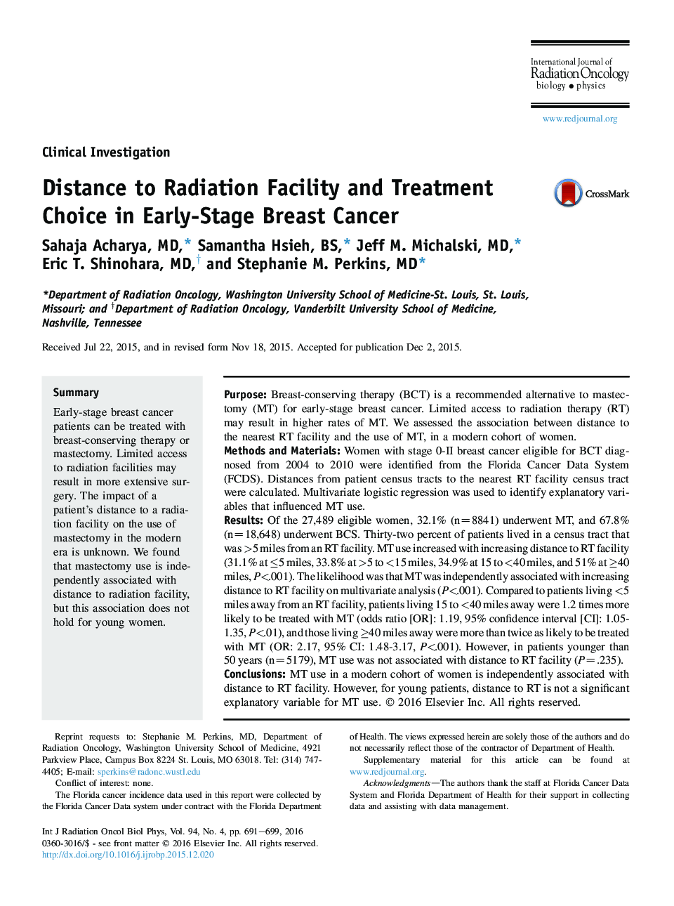 Distance to Radiation Facility and Treatment Choice in Early-Stage Breast Cancer