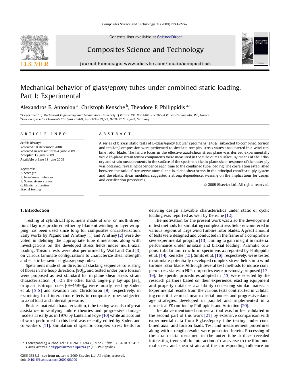 Mechanical behavior of glass/epoxy tubes under combined static loading. Part I: Experimental