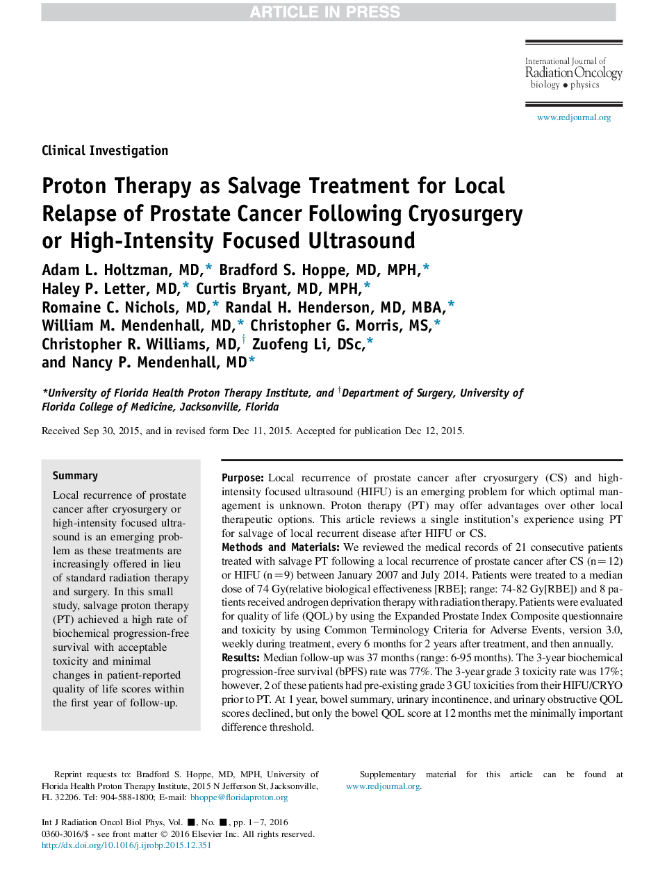 Proton Therapy as Salvage Treatment for Local Relapse of Prostate Cancer Following Cryosurgery or High-Intensity Focused Ultrasound