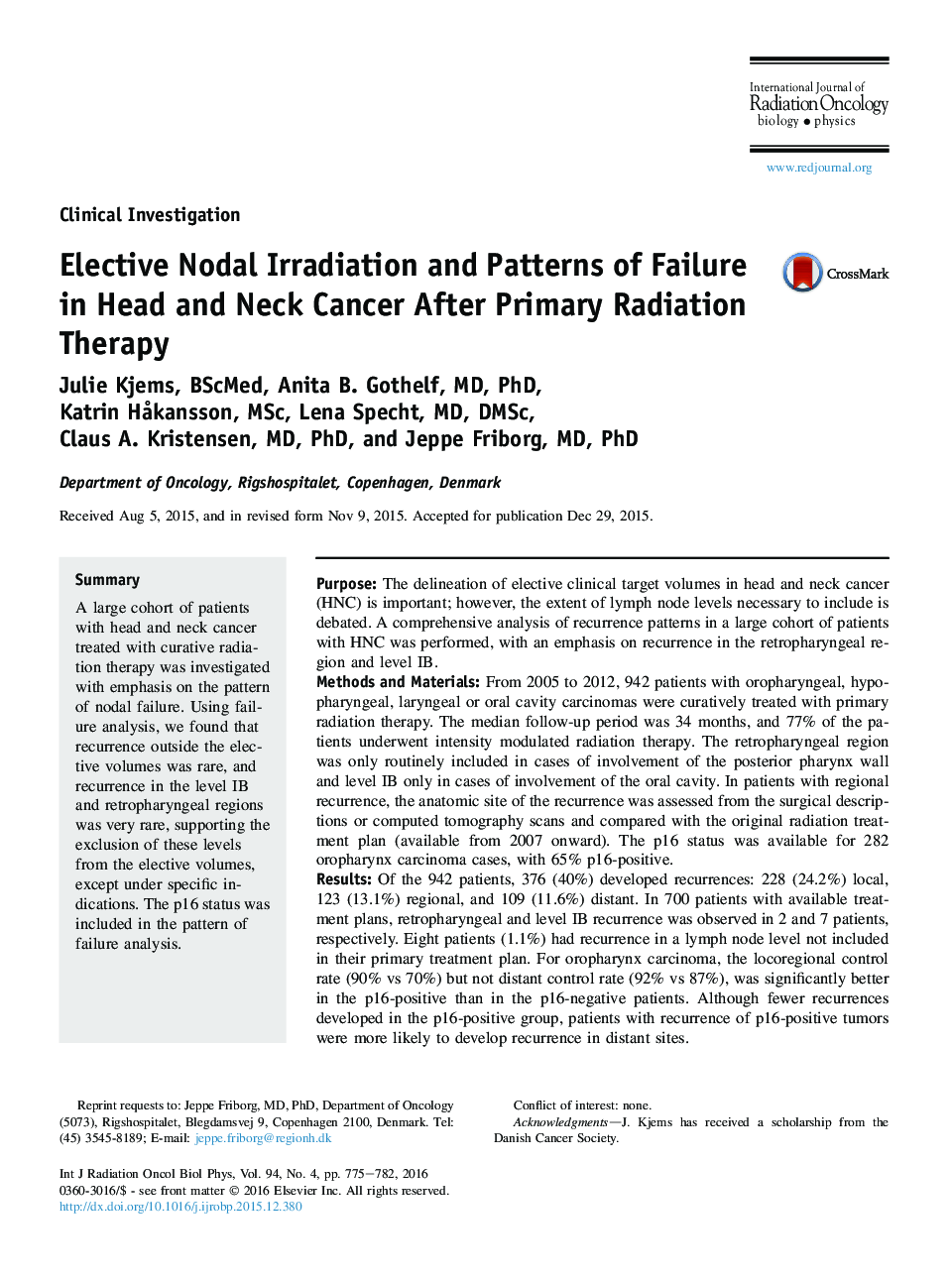 Elective Nodal Irradiation and Patterns of Failure in Head and Neck Cancer After Primary Radiation Therapy