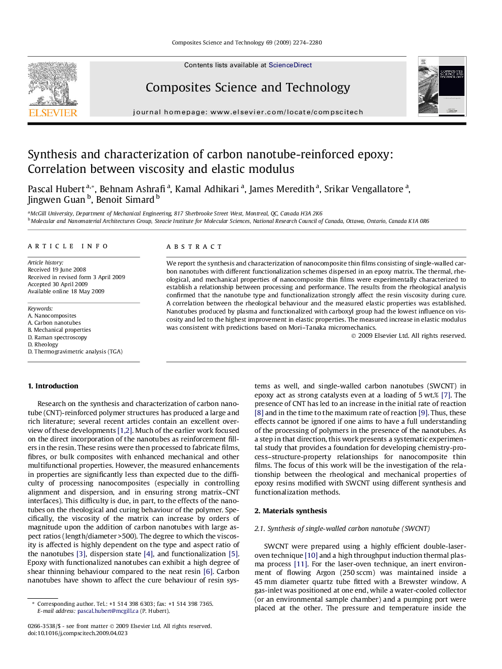 Synthesis and characterization of carbon nanotube-reinforced epoxy: Correlation between viscosity and elastic modulus