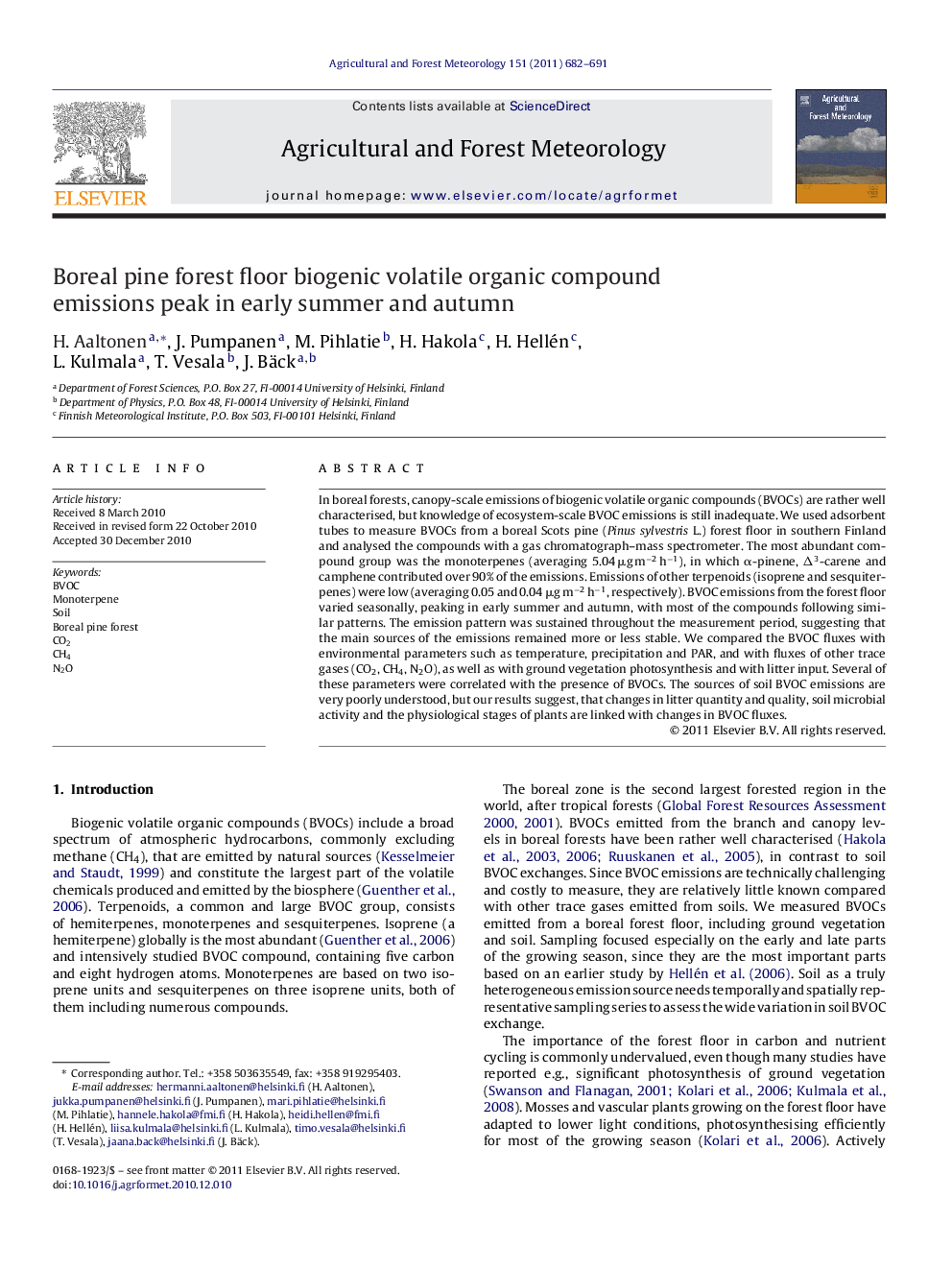 Boreal pine forest floor biogenic volatile organic compound emissions peak in early summer and autumn