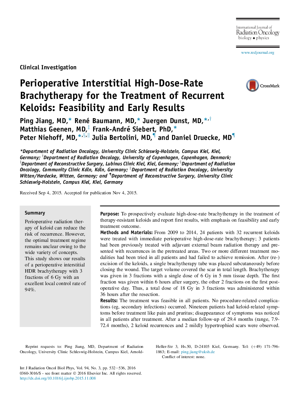 Perioperative Interstitial High-Dose-Rate Brachytherapy for the Treatment of Recurrent Keloids: Feasibility and Early Results
