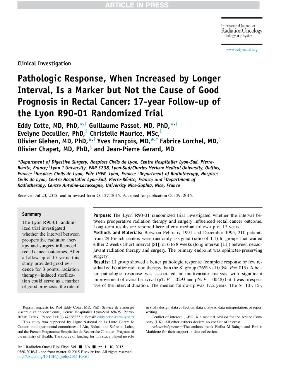 Pathologic Response, When Increased by Longer Interval, Is a Marker but Not the Cause ofÂ Good Prognosis in Rectal Cancer: 17-year Follow-up of the Lyon R90-01 Randomized Trial