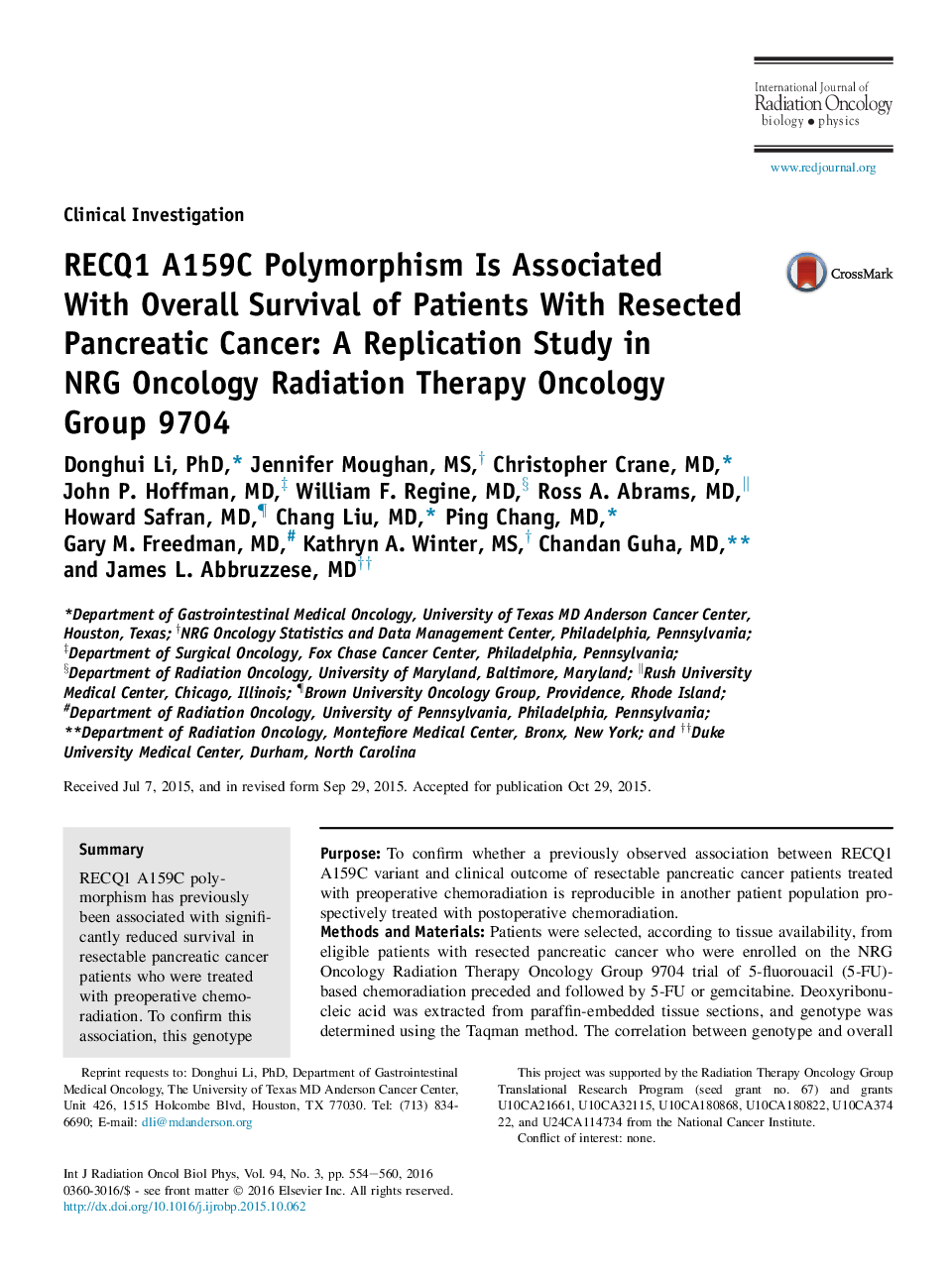 RECQ1 A159C Polymorphism Is Associated WithÂ Overall Survival of Patients With Resected Pancreatic Cancer: A Replication Study in NRGÂ Oncology Radiation Therapy Oncology GroupÂ 9704