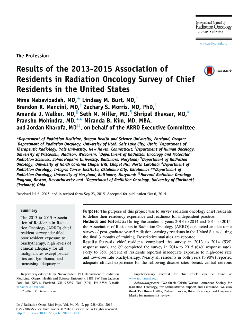 Results of the 2013-2015 Association of Residents in Radiation Oncology Survey of Chief Residents in the United States