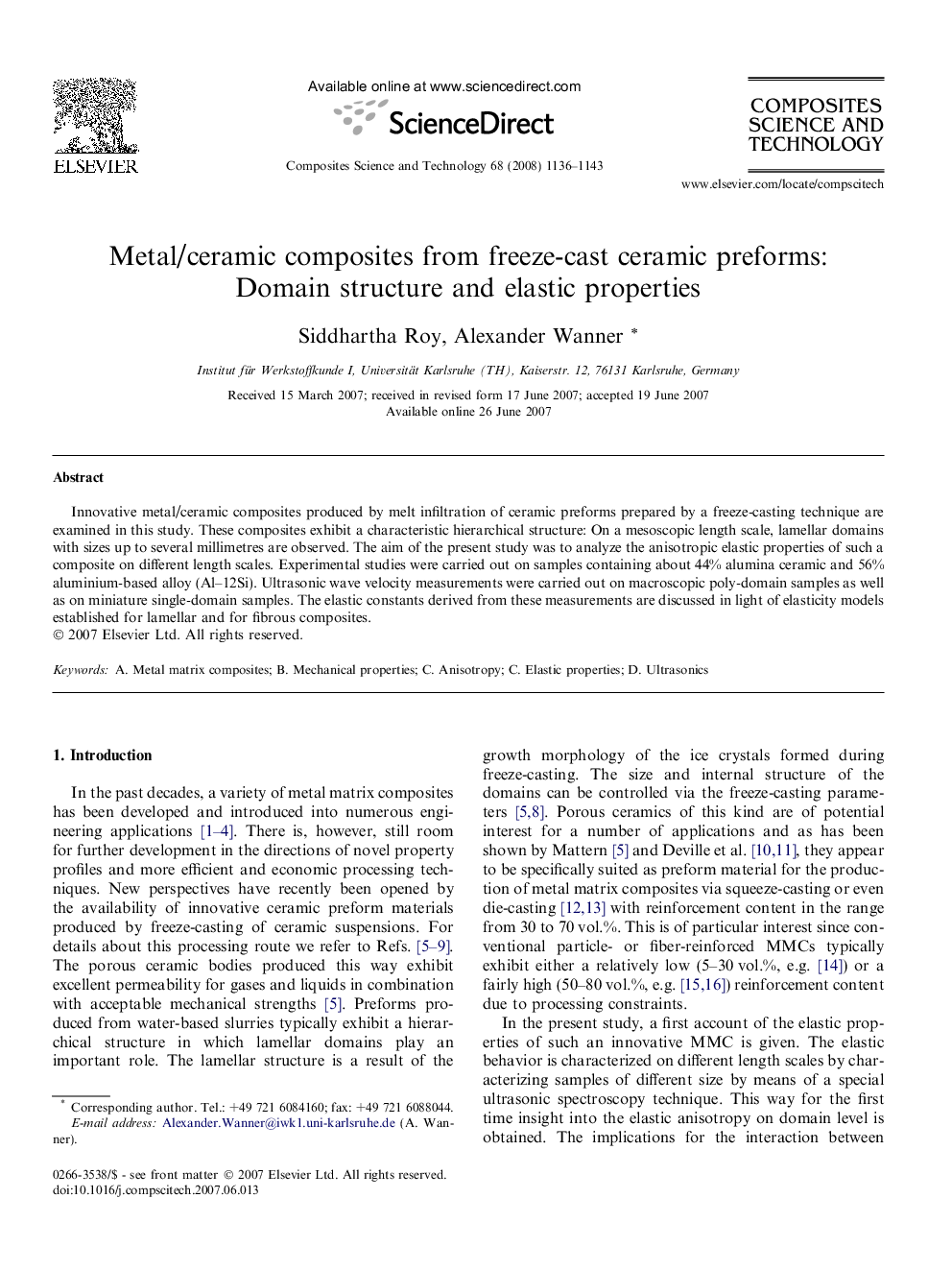 Metal/ceramic composites from freeze-cast ceramic preforms: Domain structure and elastic properties