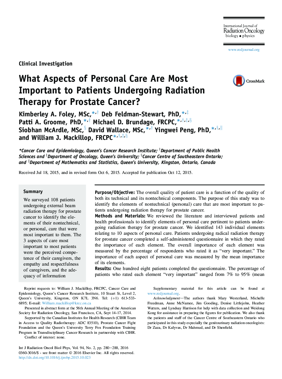 What Aspects of Personal Care Are Most Important to Patients Undergoing Radiation Therapy for Prostate Cancer?