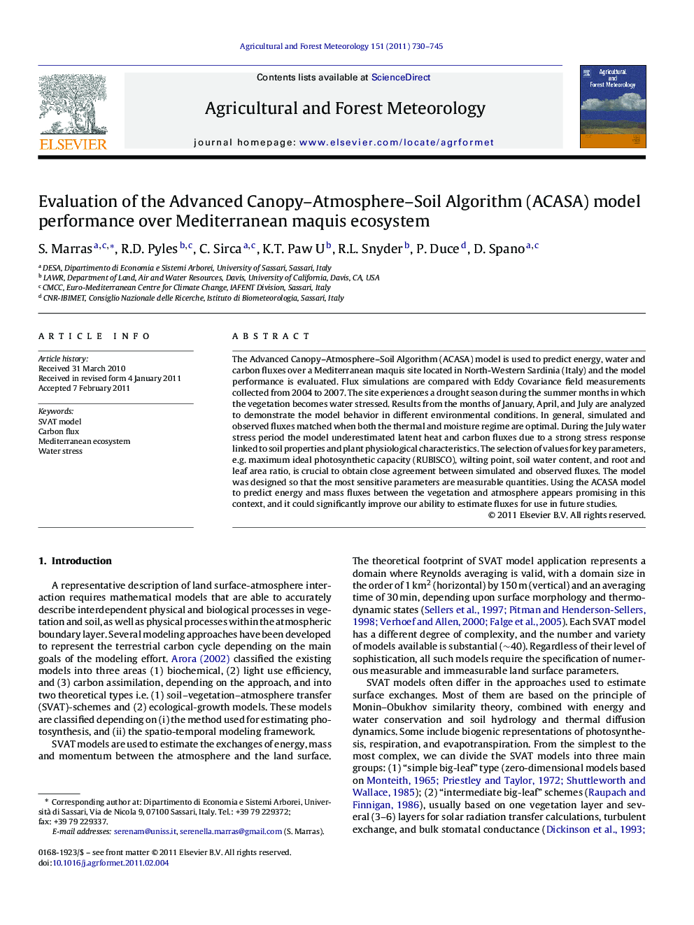 Evaluation of the Advanced Canopy–Atmosphere–Soil Algorithm (ACASA) model performance over Mediterranean maquis ecosystem