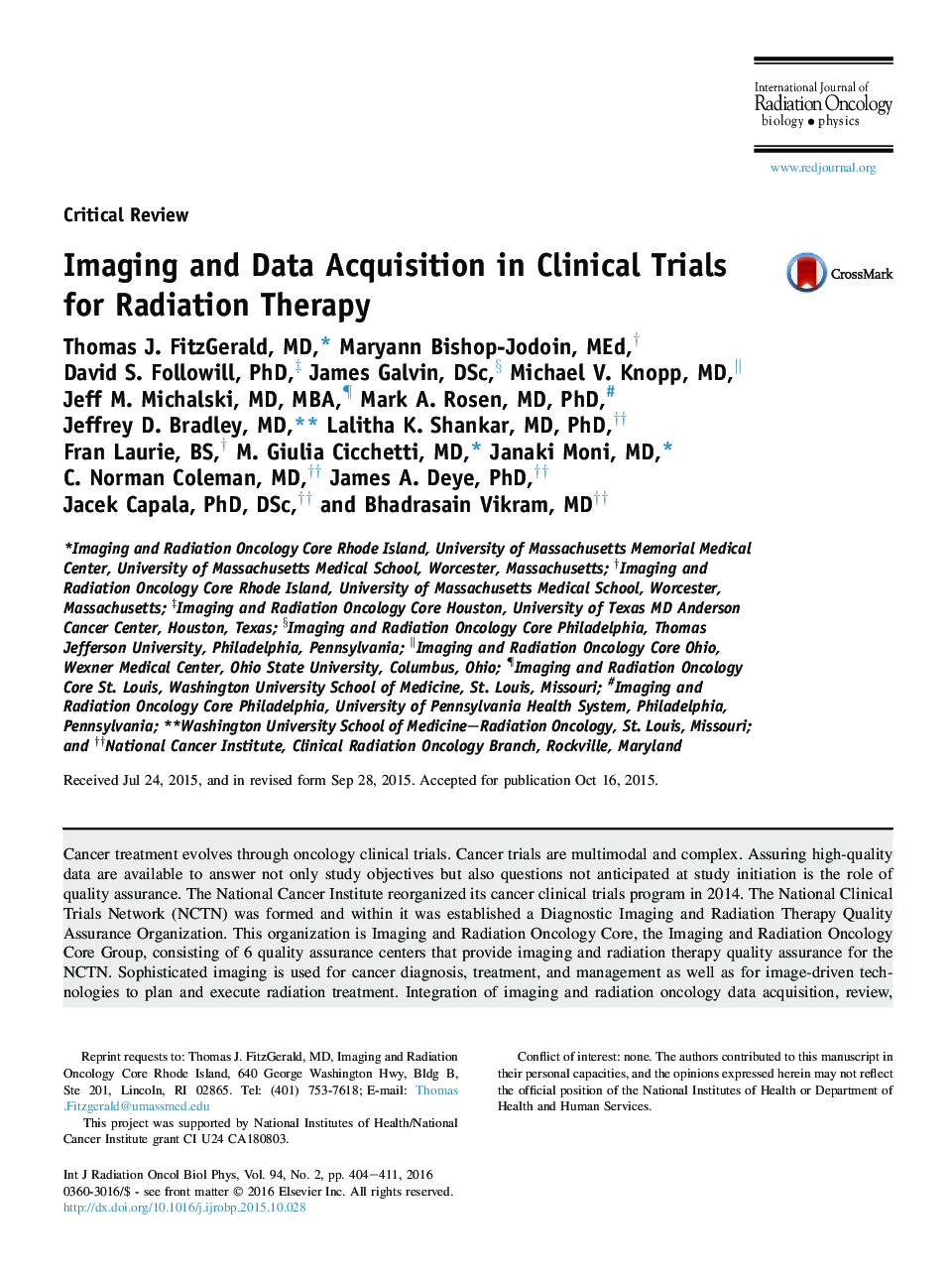 Imaging and Data Acquisition in Clinical Trials for Radiation Therapy