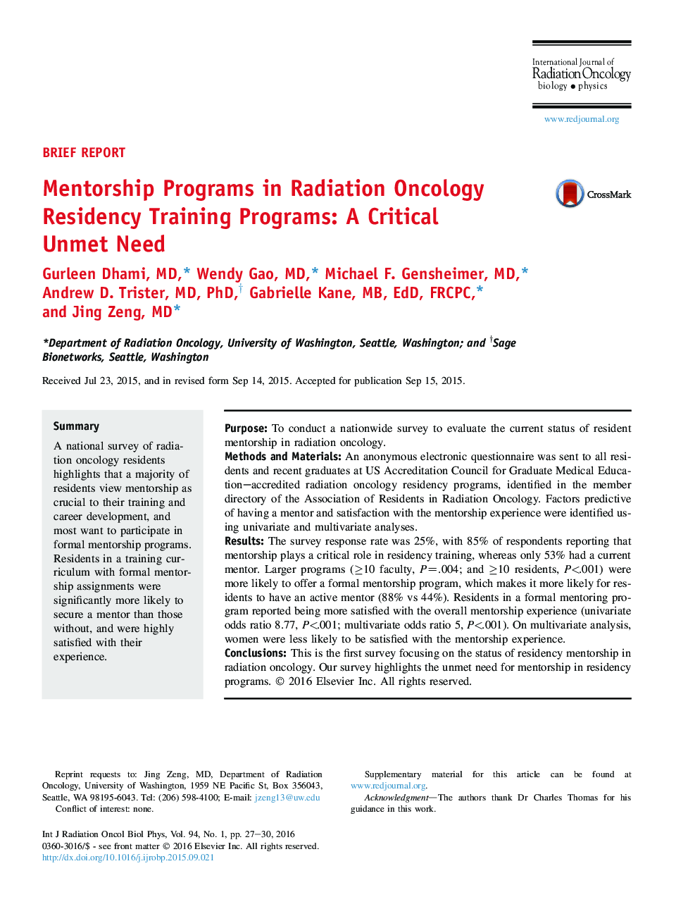 Mentorship Programs in Radiation Oncology Residency Training Programs: A Critical Unmet Need